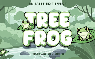 Fototapeta premium Tree Frog Editable Text Effect with Cute Frogs on Leaves in a Forest Stream.