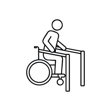 Disabled person in wheelchair doing physical rehabilitation with parallel bars black and white vector icon