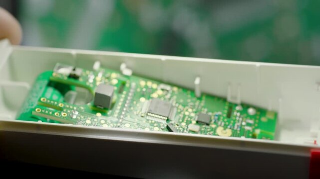 Electronic Circuit Board in White Plastic Case Close-Up During Assembly Process