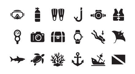 Black scuba diving icons set with sea creatures Vector, illustration © Jrdesign0