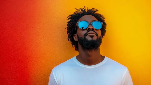 Confident black man wearing reflective blue shades and casual white t-shirt standing before vibrant orange and yellow gradient wall