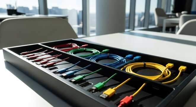 Colorful cables organized in a modern desk tray