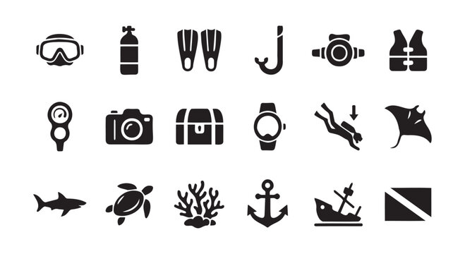 Black scuba diving icons set with sea creatures Vector, illustration
