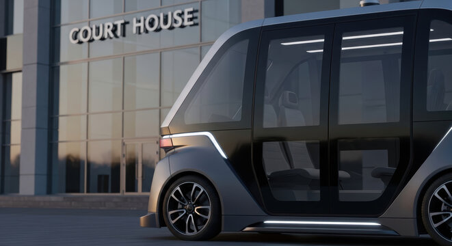 Autonomous vehicles face evolving regulation challenges near court house with sleek design and modern technology enhancing