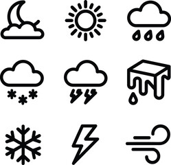 Naklejka premium A collection of weather condition icons representing various meteorological phenomena like sun, clouds, rain, snow, lightning, and wind