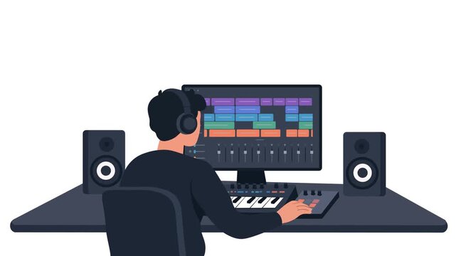 Music Production Studio and Audio Editing Flat Design Animation. Producer Working On Audio Editing Software In A Studio Setup.   Sound Design, Podcasting, And Creative Workflow Content.