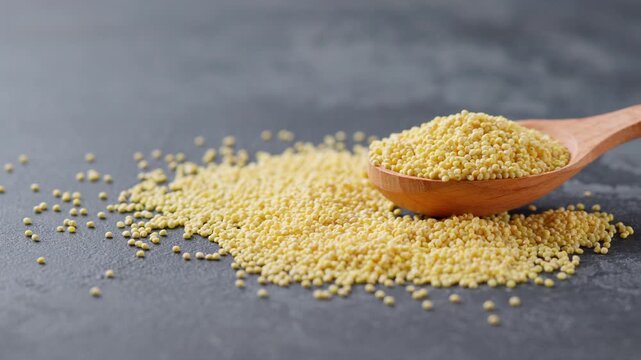 organic millet in a wooden spoon on a dark kitchen table. millet grains in a wooden spoon on a black marble background.