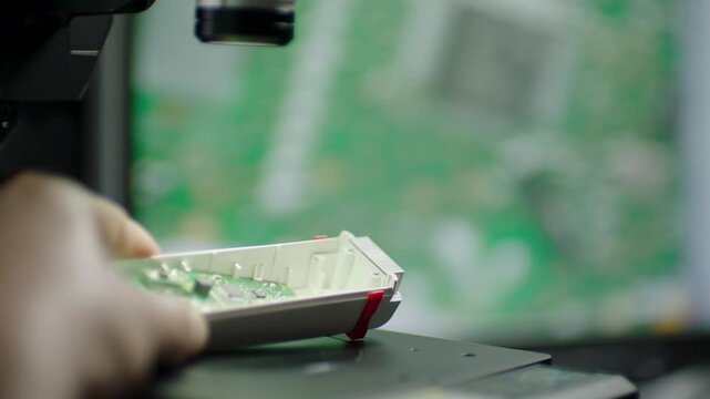 Technician Inspects Circuit Board Under Microscope in High-Tech Electronics Laboratory