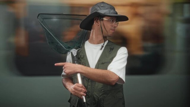 Man fisherman in olive vest and wide brim hat holding a landing net and pointing finger inside a building transit area while looking sideways; calm patience.