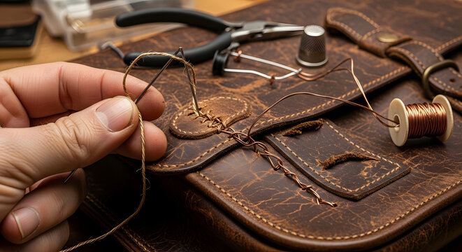 Skilled hands diligently repairing a vintage brown leather satchel, showcasing the intricate process of mending and restoring a cherished item with traditional craftsmanship