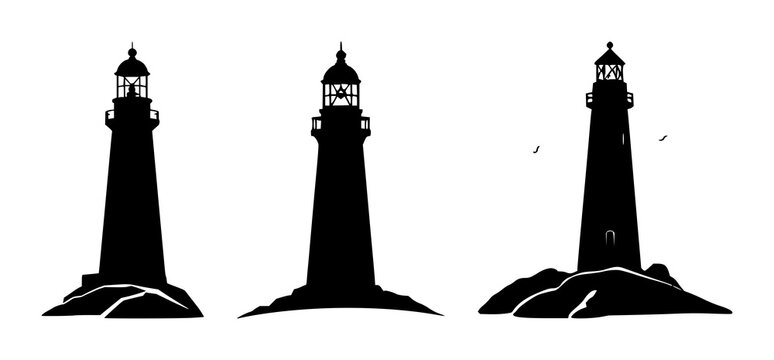 Lighthouse icon set with minimal solid black silhouette on white background featuring maritime, navigation, beacon with sea and sky