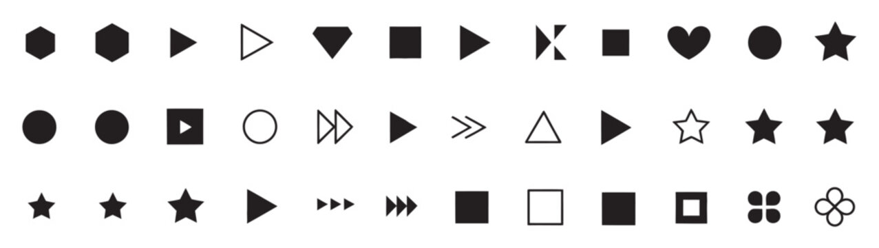 Bullet points list icon set, minimal geometric shapes arrows stars hearts outline icons for app UI, website design and infographic layouts isolated vector illustration collection.
