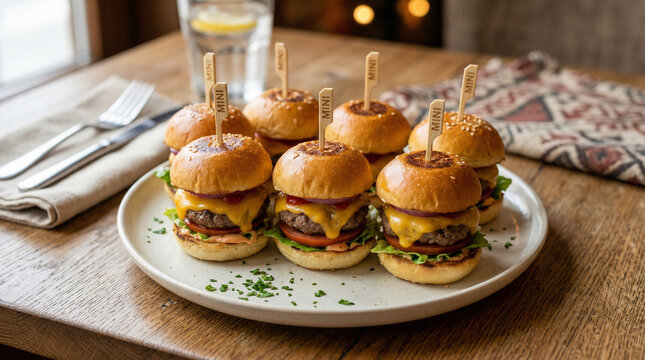 slider cheeseburgers with lettuce tomato and sesame buns