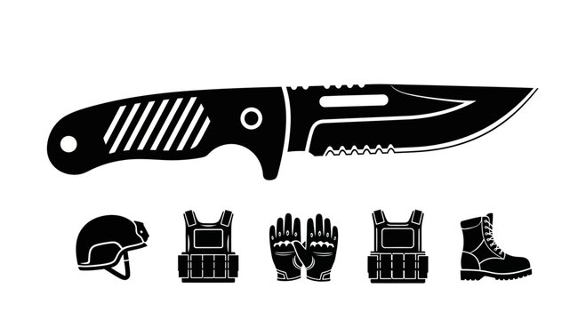 Tactical knife and combat gear accessories.