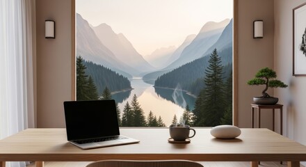 Fototapeta premium A modern workspace overlooking a tranquil mountain lake landscape, offering a perfect blend of productivity and serene natural beauty for focused remote work and inspiration