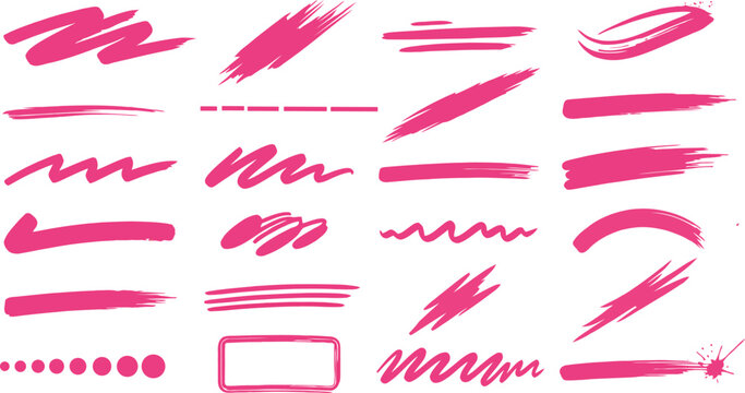Pink hand drawn brush strokes set featuring marker highlights underline zigzags circles and square frame elements for artistic design makeup smear and creative stationery accents graphic