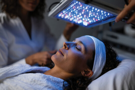 A tranquil moment captured during an illuminated facial treatment, showcasing the integration of technology and self-care in spa practices for skin rejuvenation and wellness.