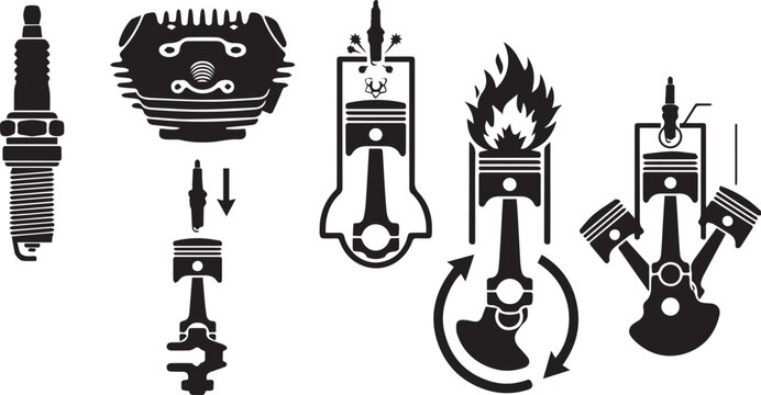 Internal combustion engine components set featuring spark plug and piston cylinder silhouettes