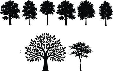 Obraz premium Tree silhouette vector set, oak deciduous foliage icons, black nature plant graphics, eco environment design collection, forest timber element, silhouette,