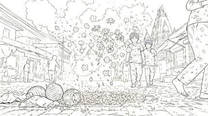 Obraz premium Coloring page of two children standing in street center under floral petal and heart shower, with fallen balls nearby — gentle, playful atmosphere of children’s festival in Indian tradition
