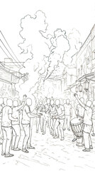 Obraz premium Coloring page of crowd on narrow street tossing floral powder while one plays dhol drum — energetic atmosphere of Indian festival, rhythm, joy and communal exultation