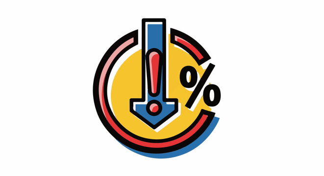 Graphic icon of a downward arrow with a percent sign and exclamation mark
