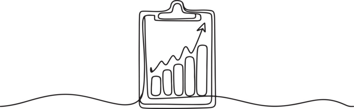Continuous one line drawing of clipboard with statistics graph. One line drawing illustration of graph on clipboard.one line art in white background