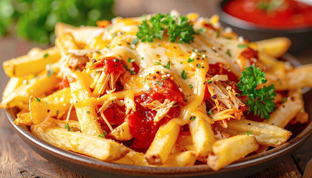 Savory French fries topped with cheese, shredded chicken and tomato sauce, closeup. AI