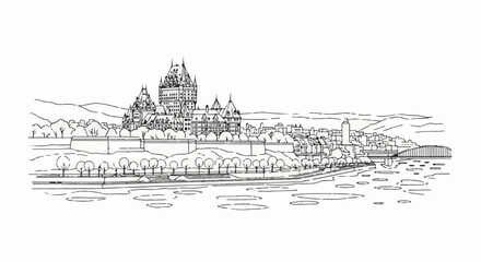 Fototapeta premium Historic European-style city skyline with a prominent castle and river