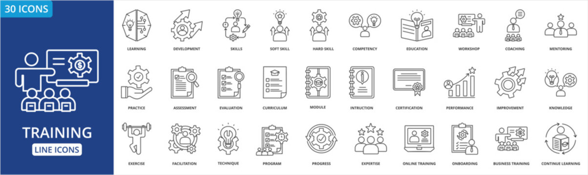 Training icon collection set. Containing learning, development,  skills, soft skills, competency, education, workshop, coaching,mentoring, practice, assessmenticon.  simple line vector.	