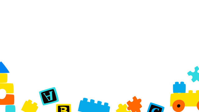 Colorful kids toys border background with blocks, puzzles and ABC cubes