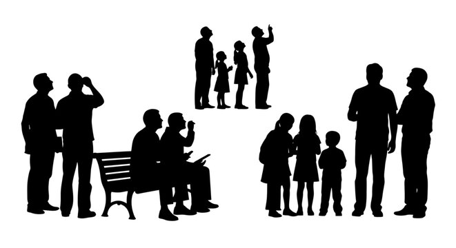 Black silhouettes of people, family groups, standing and sitting, vector icons, social interactions