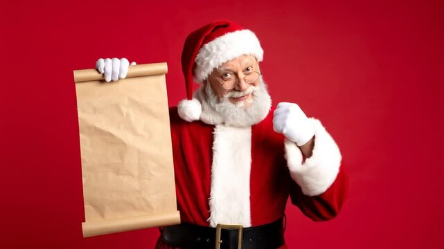 A cheerful man in a festive costume holds a blank paper scroll for copy space
