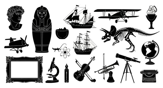 Vintage, antique, retro icons, 25 black silhouette symbols, historical objects, educational tools, decorative elements