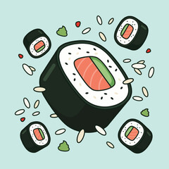Delicious sushi roll maki vector illustration with flying rice and wasabi © Md Biplob Khan