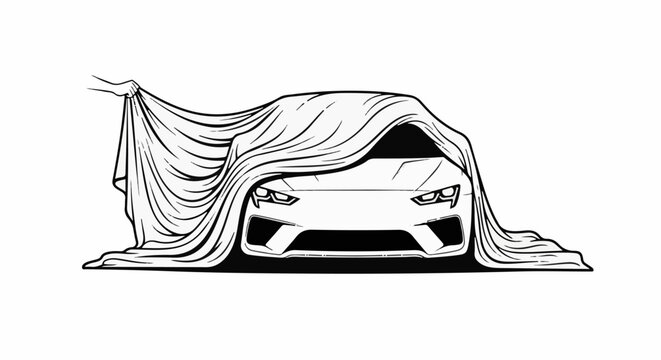 Hand pulls back draped fabric revealing aggressive modern car front