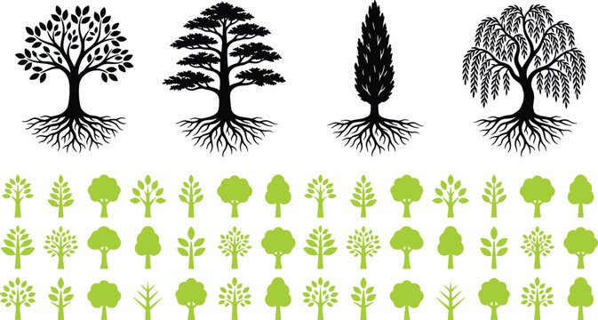 Tree silhouette vector set, black rooted trees with cypress willow oak, green nature icons, eco environment design collection, forest timber,