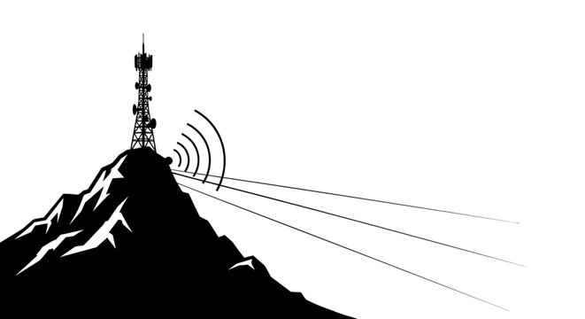 Cell tower, mountain peak, signal waves, black silhouette, communication icon