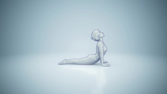 Conceptual 3D animation of a woman practicing yoga urdhva mukha svanasana