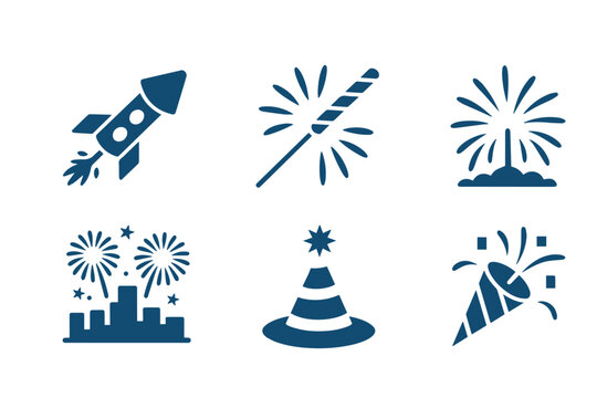 A set of six blue firework and celebration icons including a rocket, sparkler, and party popper