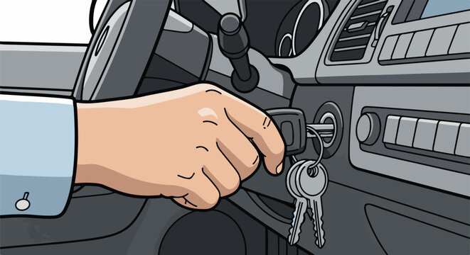Hand turning car ignition key, starting vehicle