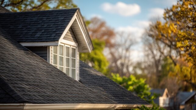 Quiet suburban roofline with a large window, natural lighting and soft shadows