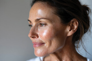Fototapeta premium This image artfully showcases the radiant skin of a mature woman, celebrating the natural glow and texture that reflects her life's experiences with confidence.