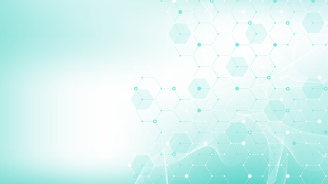 Modern health care or medical background design. Health care innovation concept. Horizontal header web banner. Abstract geometric background with hexagon shapes for medicine, science, chemistry.