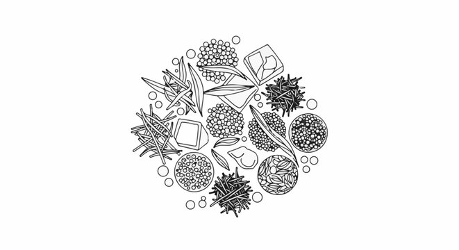 Hand-drawn arrangement of diverse spices and seasonings in a circular pattern