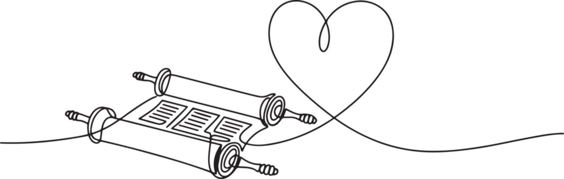 Torah scroll and heart. One continuous line drawing illustration of jewish Torah scroll.one line art in white background