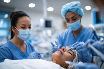 Fototapeta premium Two medical professionals attentively conducting a cosmetic procedure on a patient, highlighting team effort and precision in modern healthcare practices.