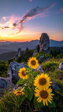 Sunflowers bloom on a rocky mountain, silhouetted by the sunset's warm hues over distant hills and clouds