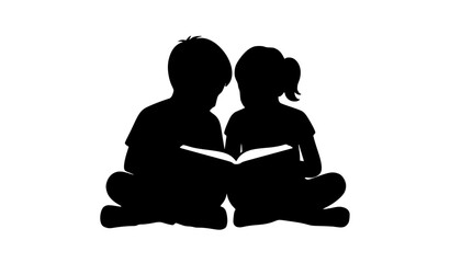 Kids reading book silhouette vector boy and girl education learning illustration © MstKamrun