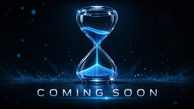 Glowing Blue Neon Hourglass on Dark Background Coming Soon Countdown Concept